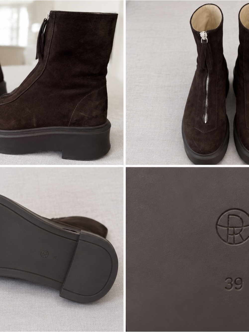 The Row Dark Brown Suede Front-Zip Platform Ankle Boots